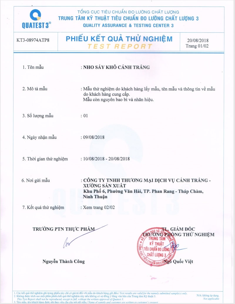 công bố sản phẩm nho khô cánh trắng đạt tiêu chuẩn vệ sinh an toàn thực phẩm